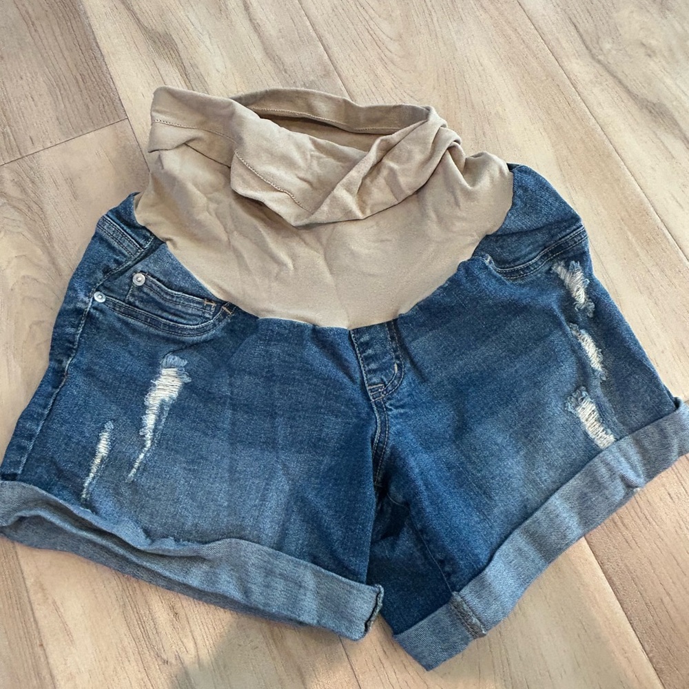 Indigo Blue Denim Shorts with Beige Waistband